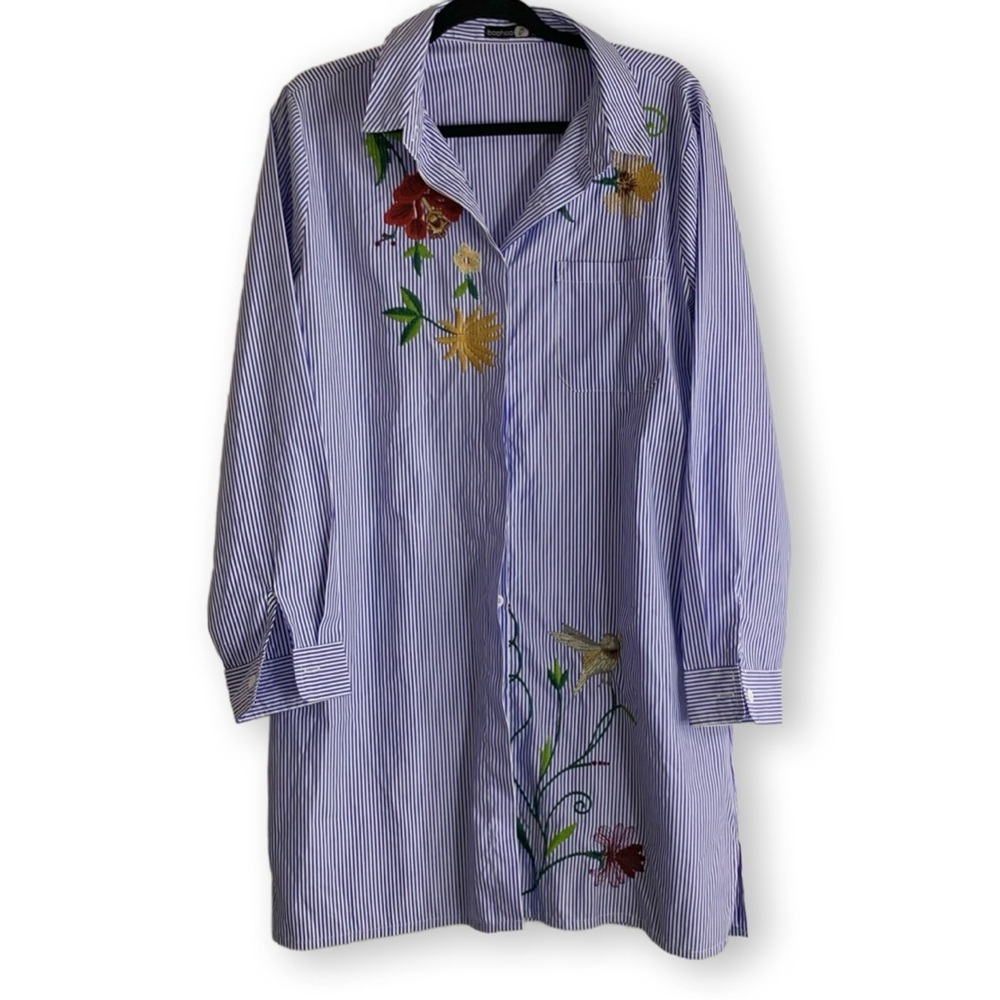 Boohoo Embroidered Detail Striped Shirt Button Down Dress, size 10 - Picture 13 of 13